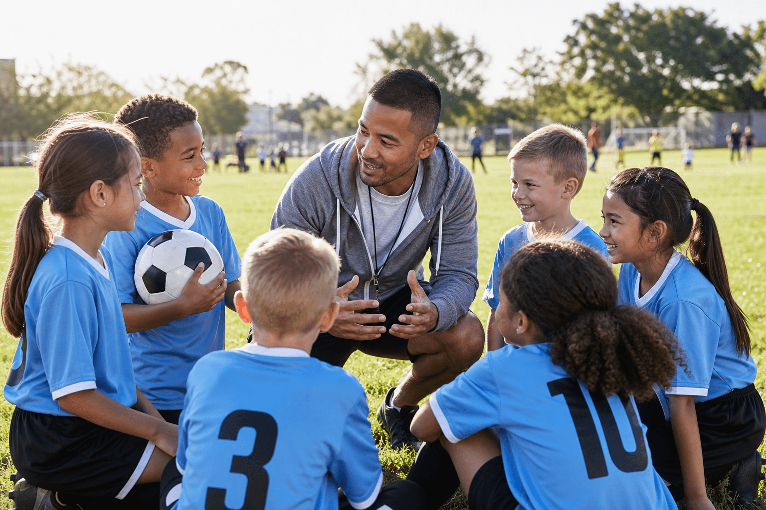 A volunteer coach giving a team talk to a group of young soccer players